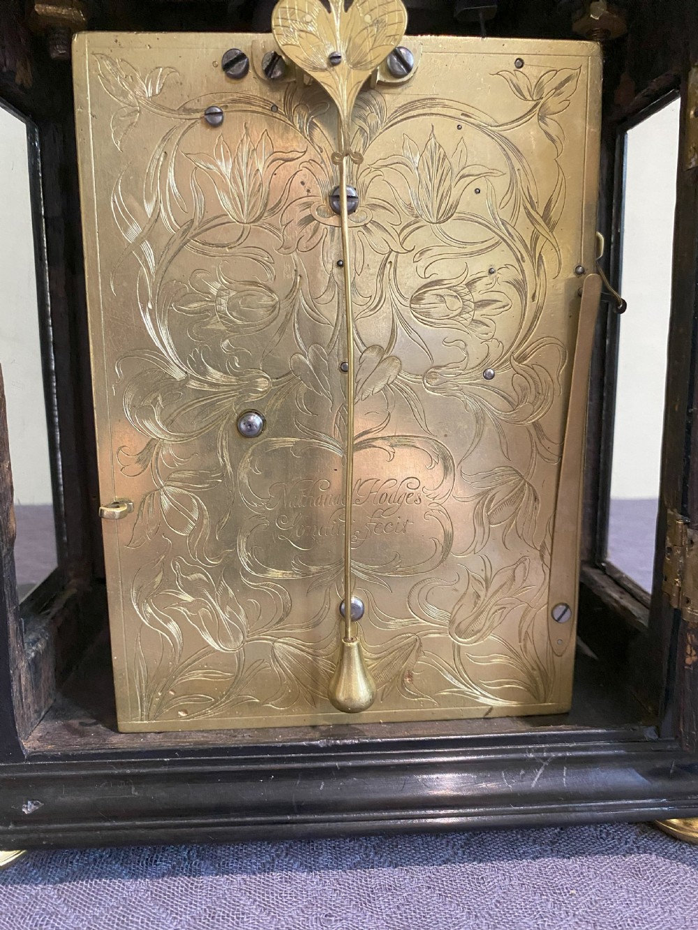Ebony and gilded brass basket top William and Mary bracket clock circa 1695 View III