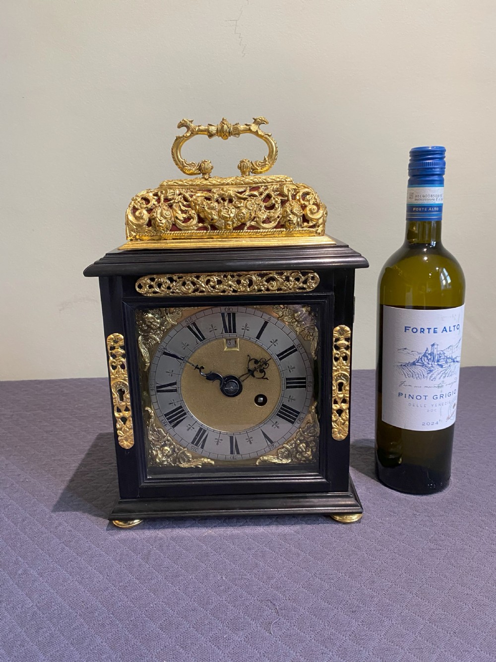 Ebony and gilded brass basket top William and Mary bracket clock circa 1695 View IV