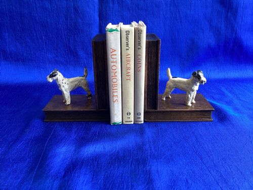 antique cold painted fox terrier wooden book ends - CATEGORY: ANTIQUE MISCELLANEOUS - DATED 1920