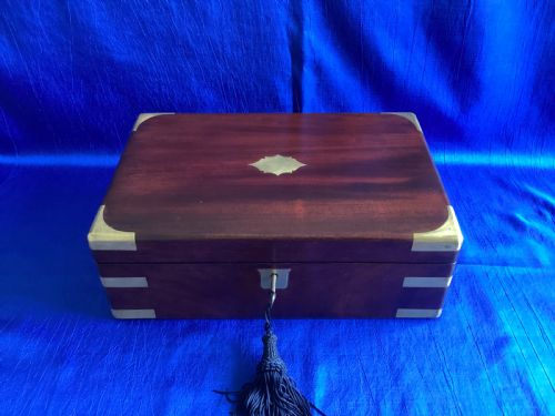 victorian mahogany campaign brass bound writing slope - CATEGORY: ANTIQUE BOXES - DATED VICTORIAN