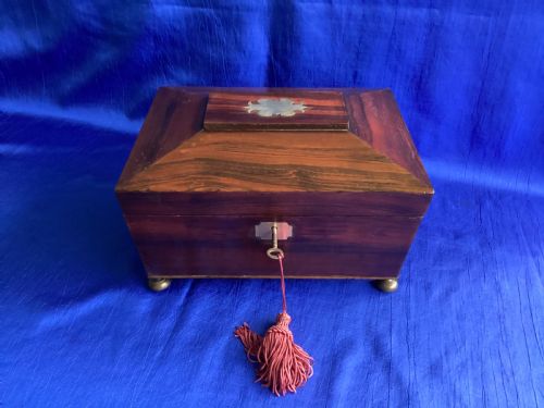 ANTIQUE GEORGIAN ROSEWOOD SARCOPHAGUS SEWING BOX - ADDITIONAL PHOTO 1
