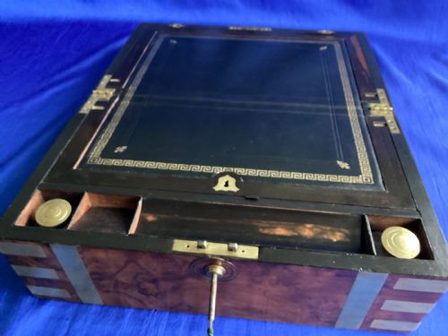 VICTORIAN BRASS BOUND BURR WALNUT DOMED WRITING SLOPE - ADDITIONAL PHOTO 14