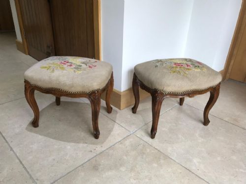 antique french walnut needlepoint tapestry stools - CATEGORY: ANTIQUE STOOLS - DATED 1920