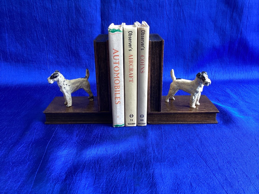 Antique cold painted fox terrier wooden book ends