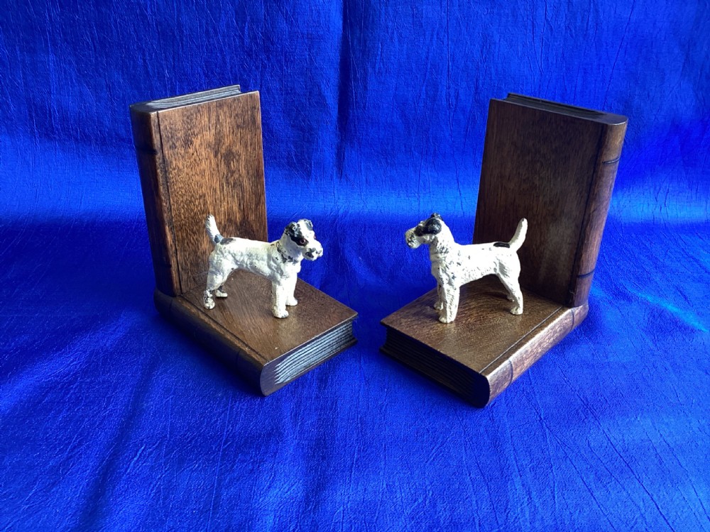 Antique cold painted fox terrier wooden book ends View III