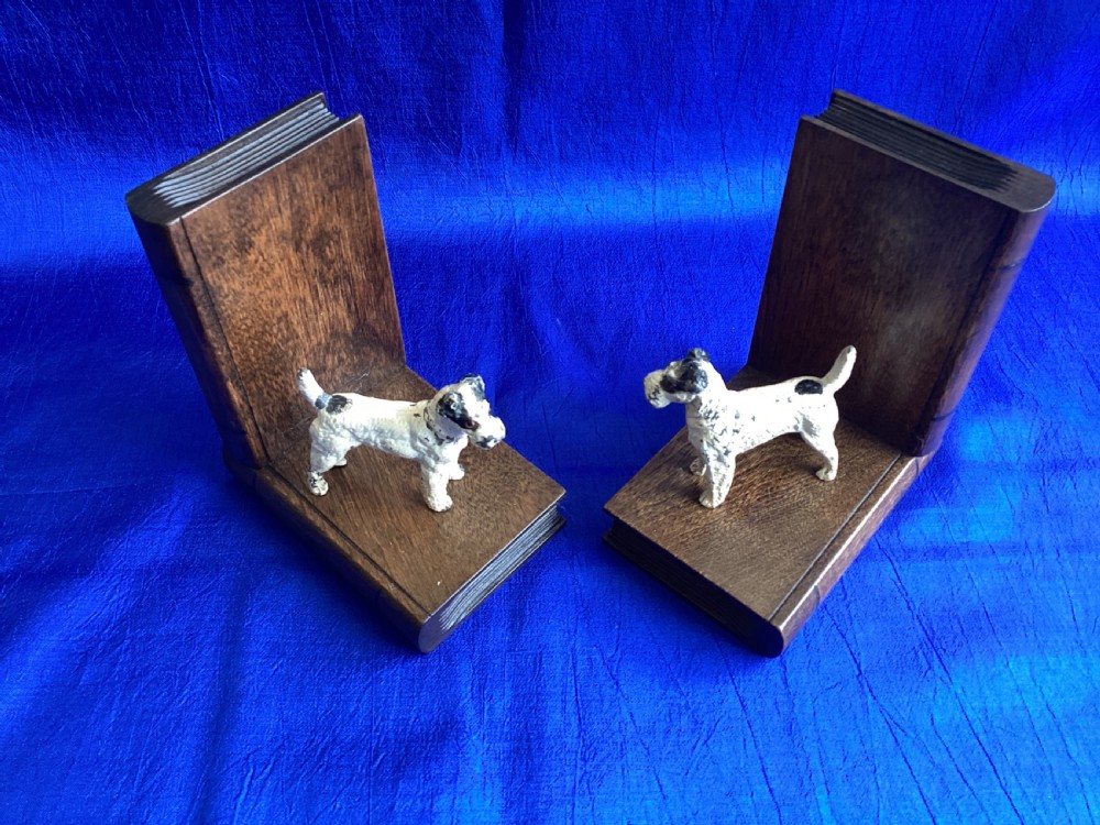 Antique cold painted fox terrier wooden book ends View IX