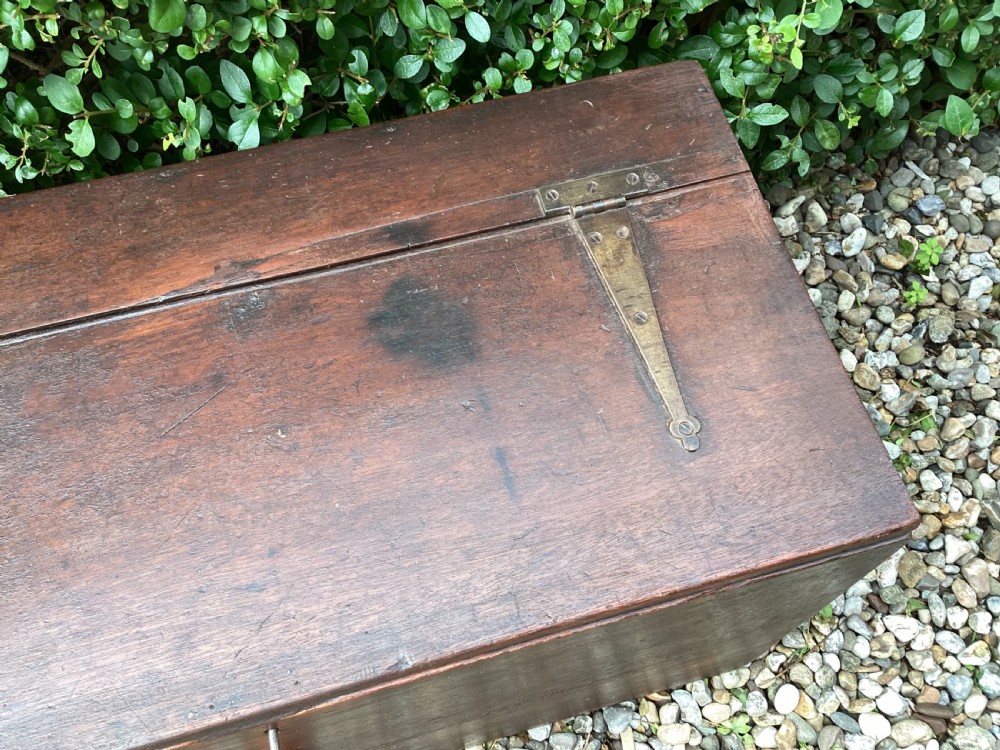 A rectangular dark mahogany wooden bible box featuring brass strap hinges on top and a keyhole with a decorative tassel on the front. View XI