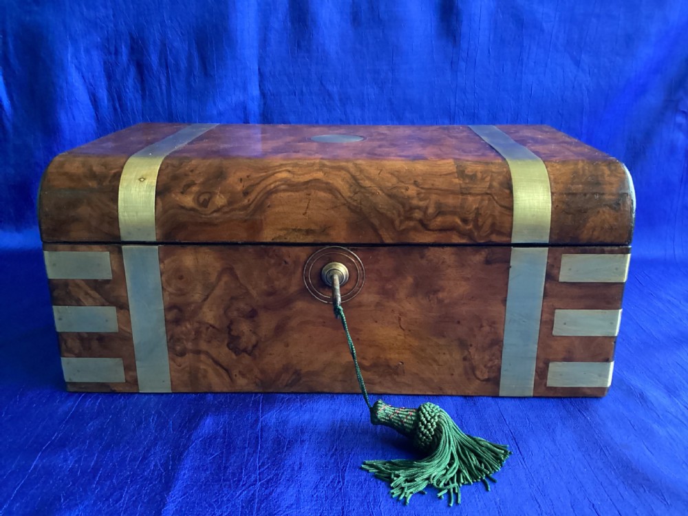 Victorian brass bound burr walnut domed writing slope