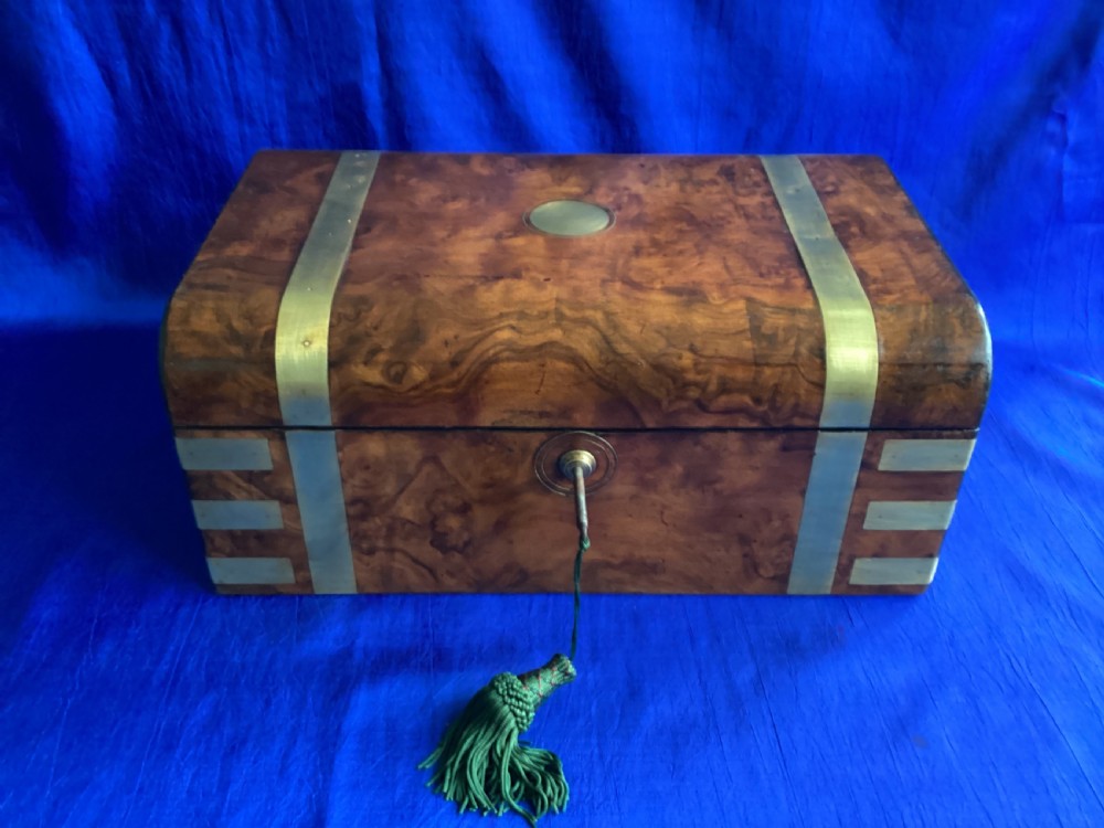 Victorian brass bound burr walnut domed writing slope View V