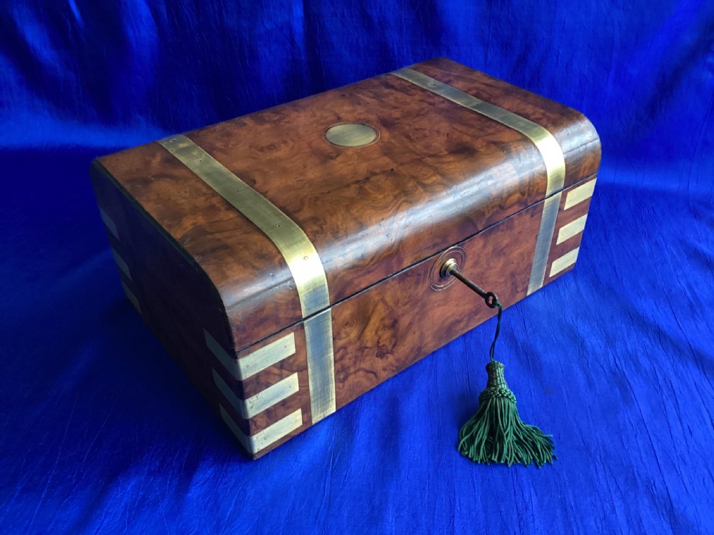 Victorian brass bound burr walnut domed writing slope View XIII