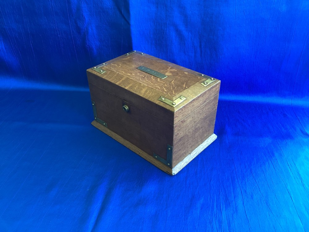 Edwardian brass bound oak cigar cabinet  View V