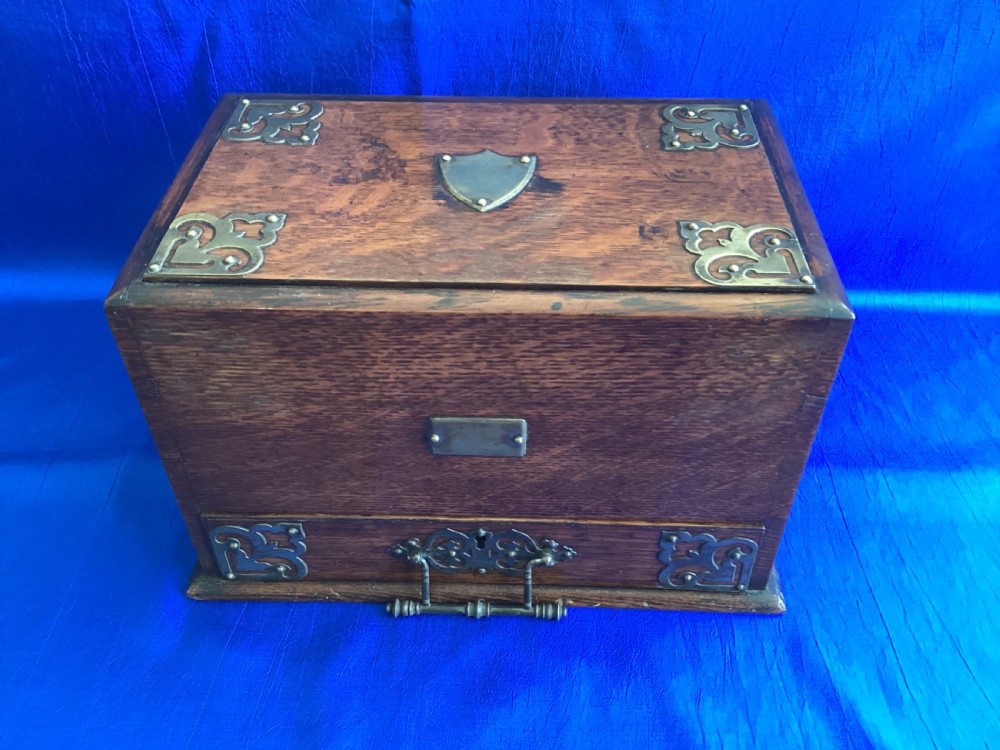 Edwardian Arts and Crafts oak brass bound writing, stationery box