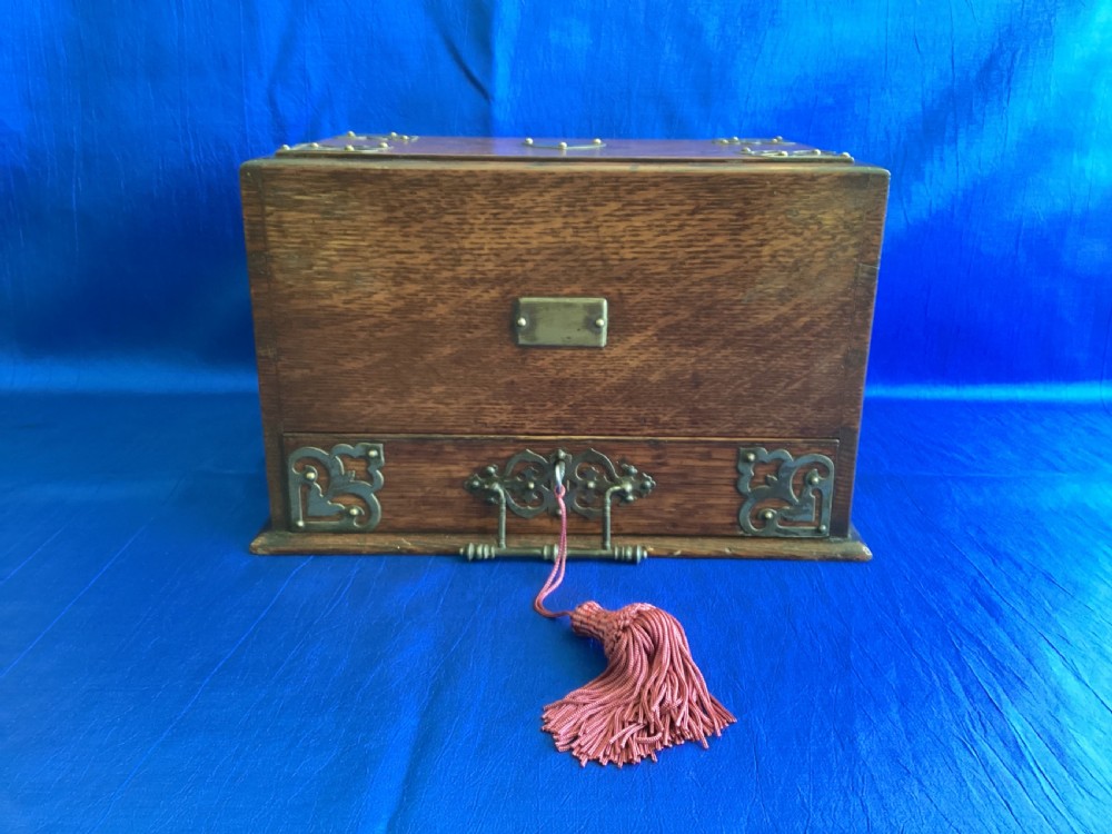 Edwardian Arts and Crafts oak brass bound writing, stationery box View II