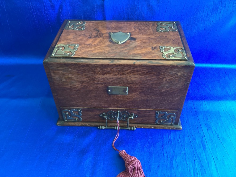Edwardian Arts and Crafts oak brass bound writing, stationery box View IV