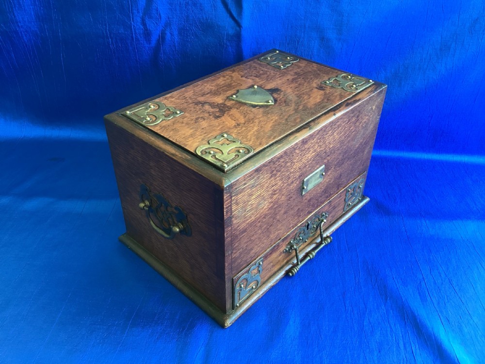 Edwardian Arts and Crafts oak brass bound writing, stationery box View V