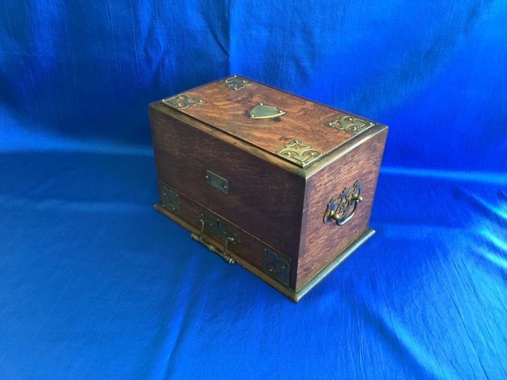 Edwardian Arts and Crafts oak brass bound writing, stationery box View VI