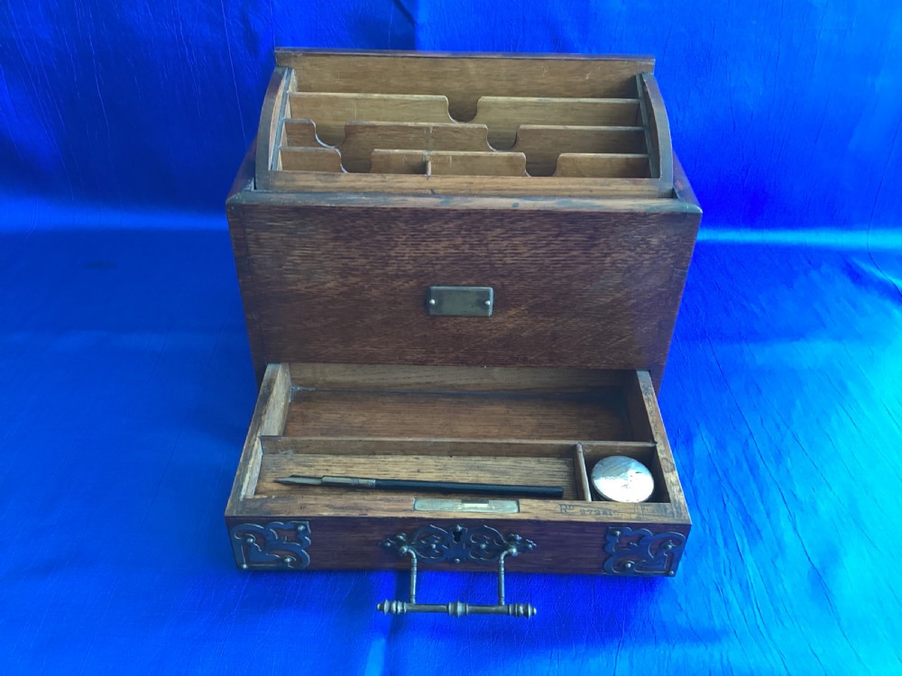 Edwardian Arts and Crafts oak brass bound writing, stationery box View VII