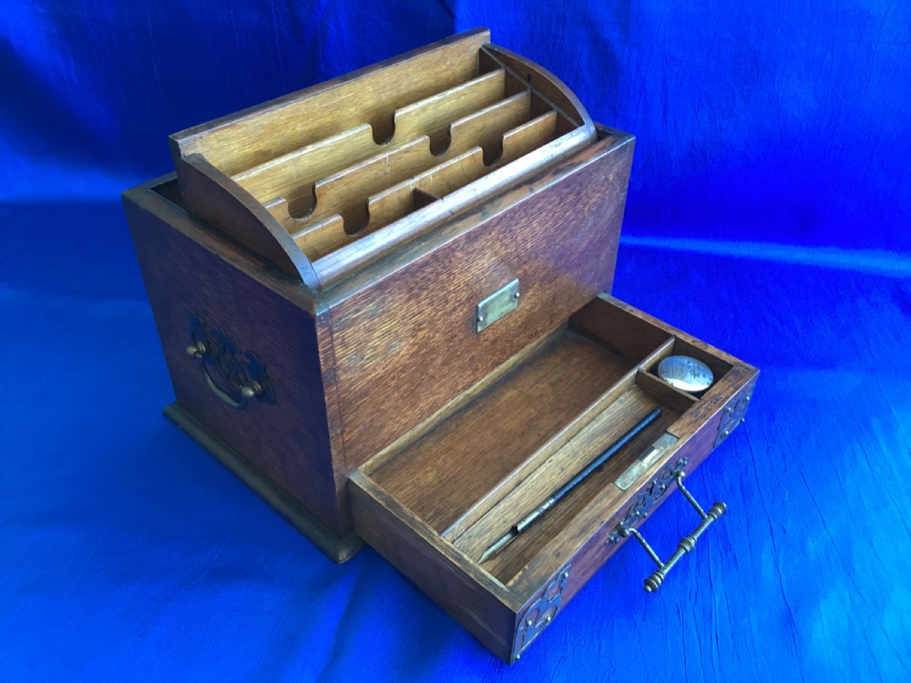 Edwardian Arts and Crafts oak brass bound writing, stationery box View VIII