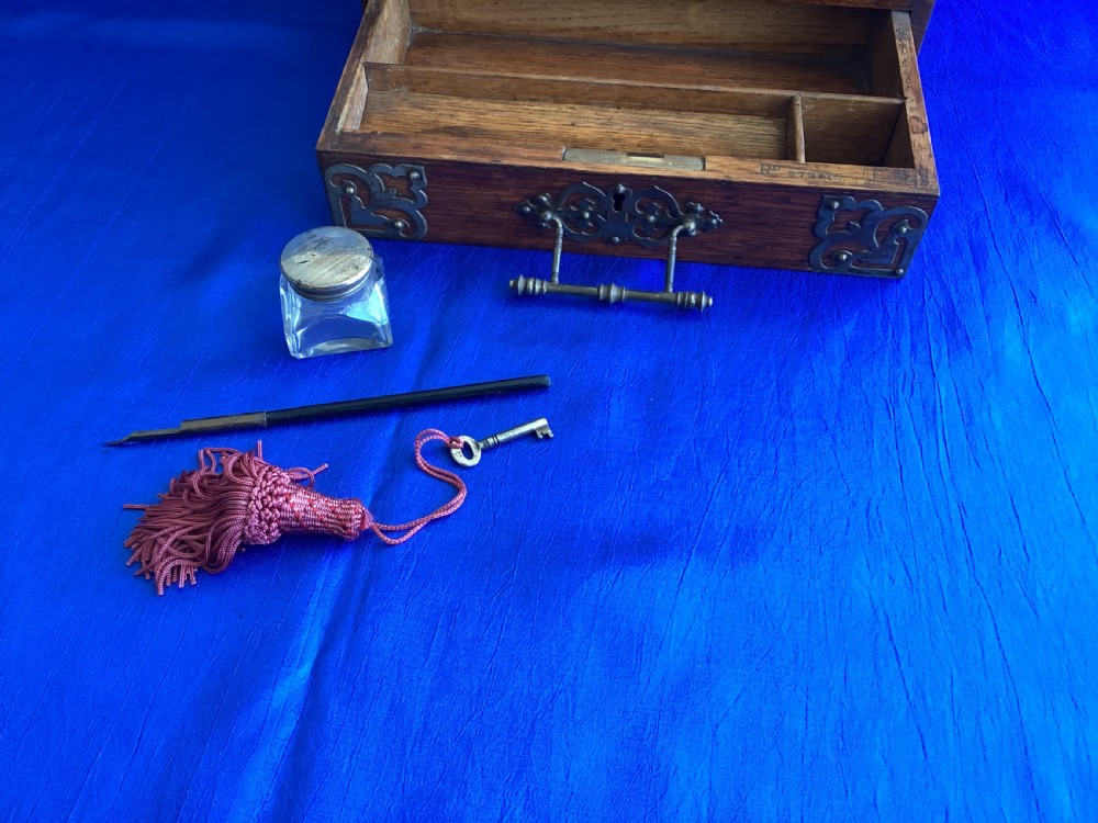 Edwardian Arts and Crafts oak brass bound writing, stationery box View IX