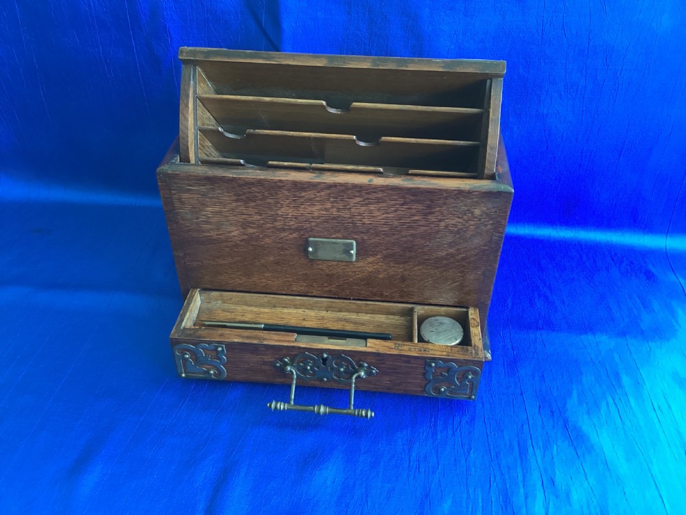 Edwardian Arts and Crafts oak brass bound writing, stationery box View X