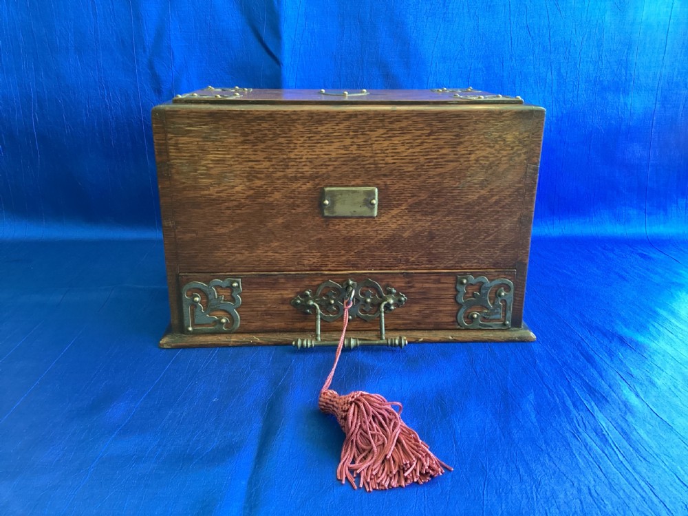 Edwardian Arts and Crafts oak brass bound writing, stationery box View XI