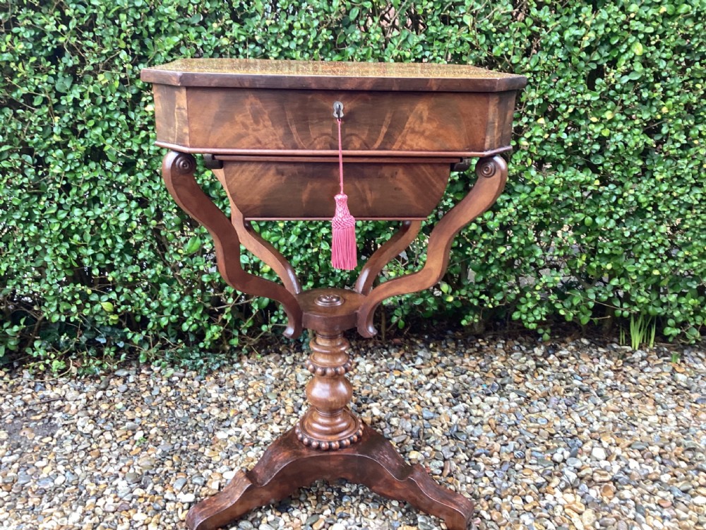 A Victorian flame mahogany sewing work table featuring a hinged top above a tapered work box, supported by curved S-scroll struts on a turned central pedestal with carved tripod legs. View XVI