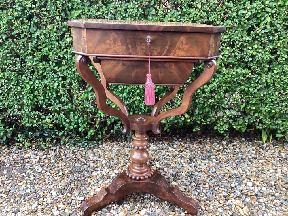 A Victorian flame mahogany sewing work table featuring a hinged top above a tapered work box, supported by curved S-scroll struts on a turned central pedestal with carved tripod legs. View XVII