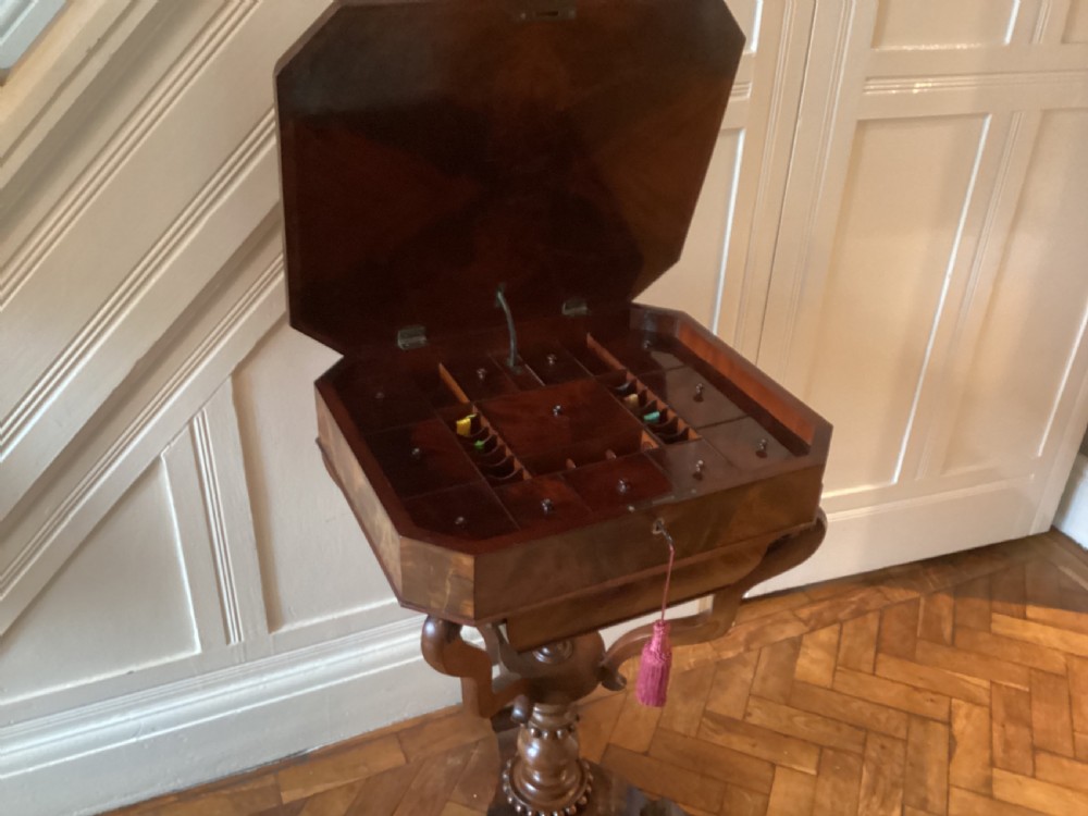 A Victorian flame mahogany sewing work table featuring a hinged top above a tapered work box, supported by curved S-scroll struts on a turned central pedestal with carved tripod legs. View XXI