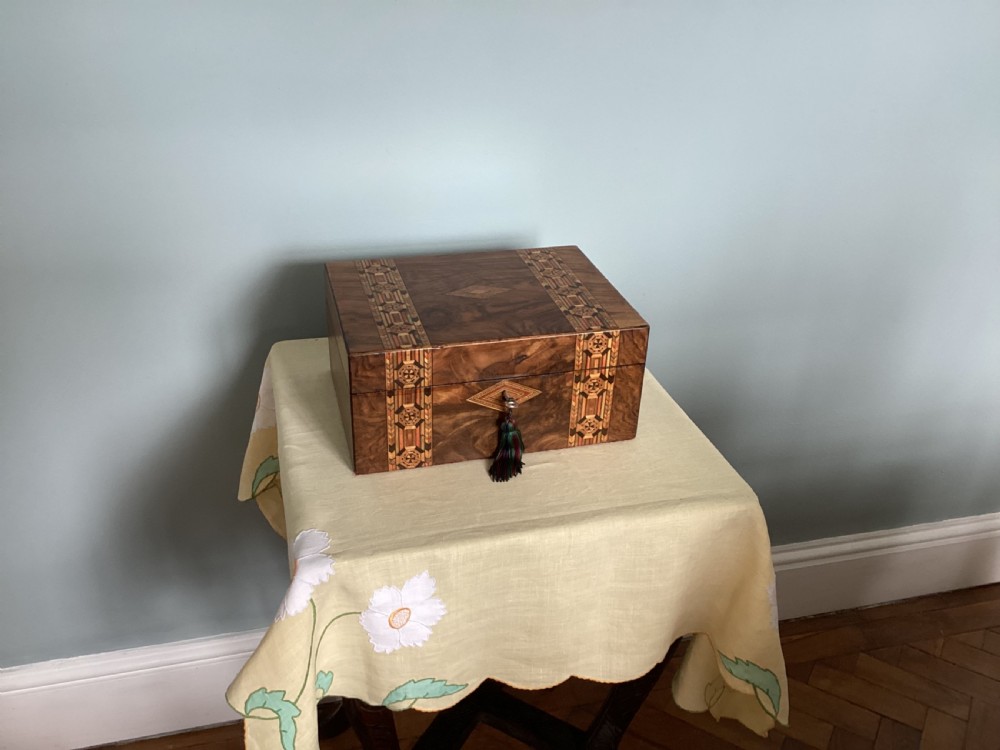 Victorian walnut parquetry jewellery/watch box