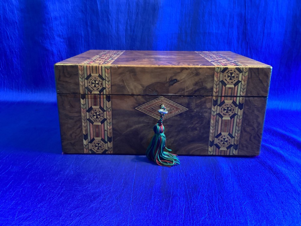 Victorian walnut parquetry jewellery/watch box