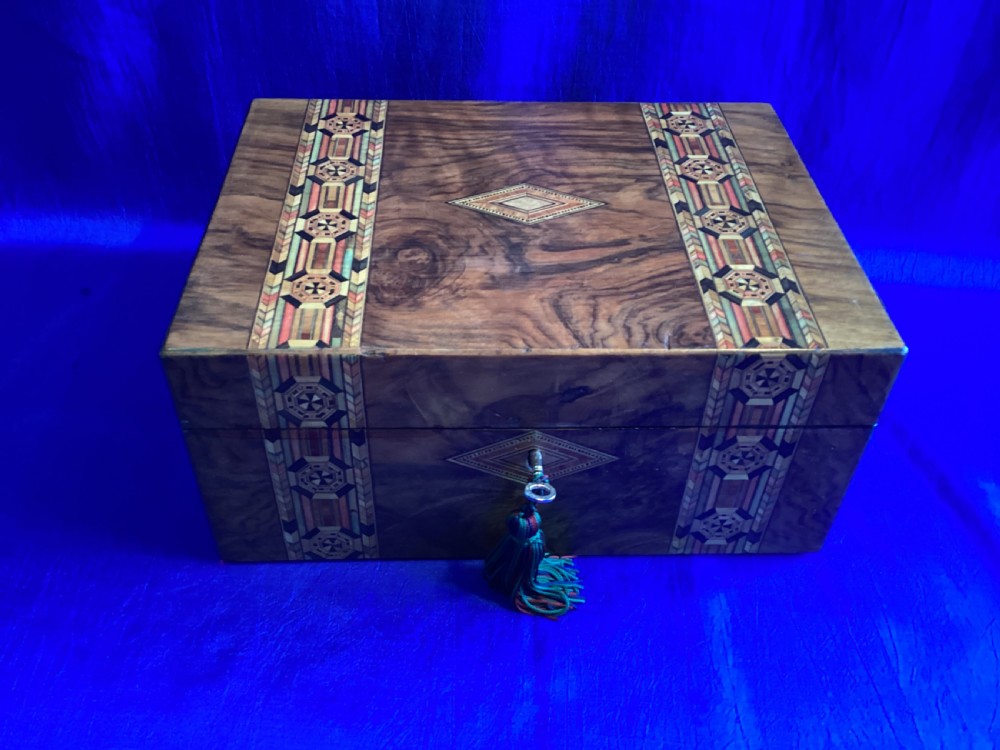 Victorian walnut parquetry jewellery/watch box View V