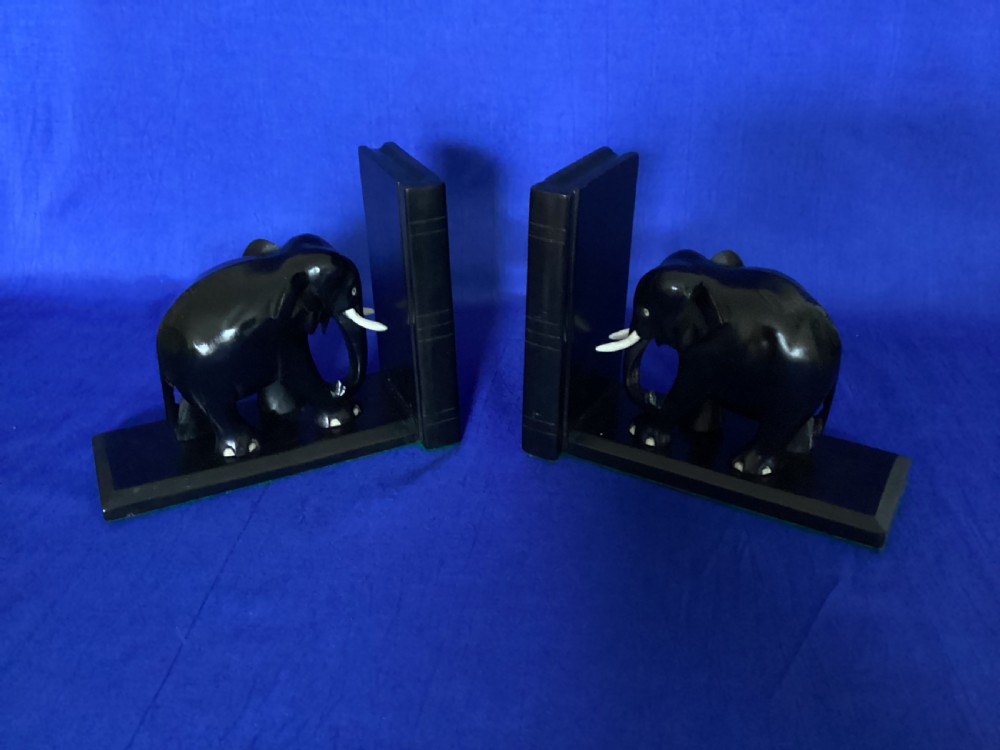 Antique pair of Ebony elephant bookends View II