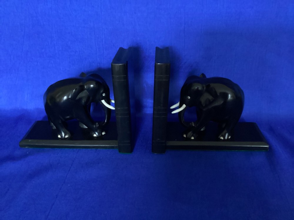 Antique pair of Ebony elephant bookends View V