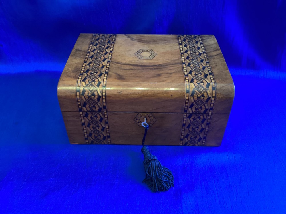 Victorian walnut and parquetry domed sewing box