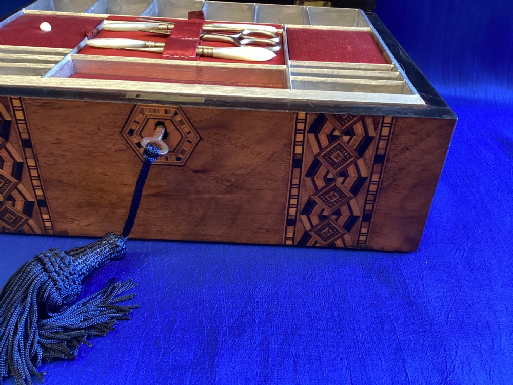 Victorian walnut and parquetry domed sewing box View II