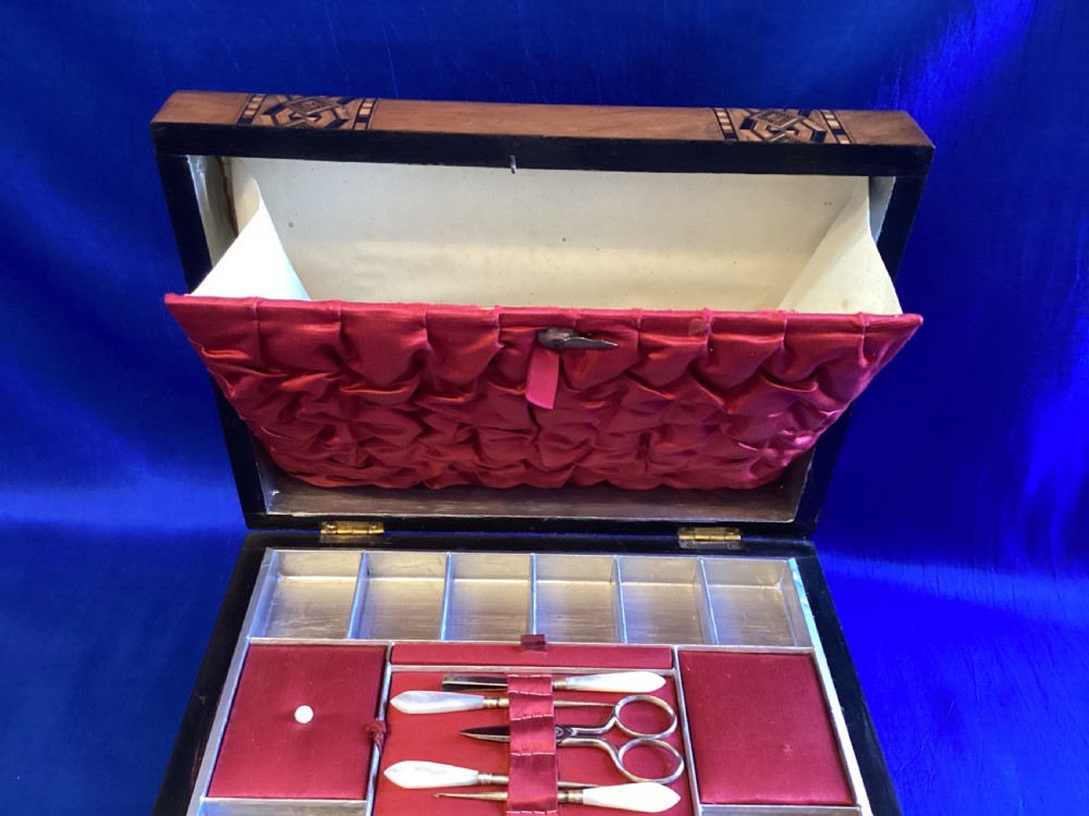 Victorian walnut and parquetry domed sewing box View III