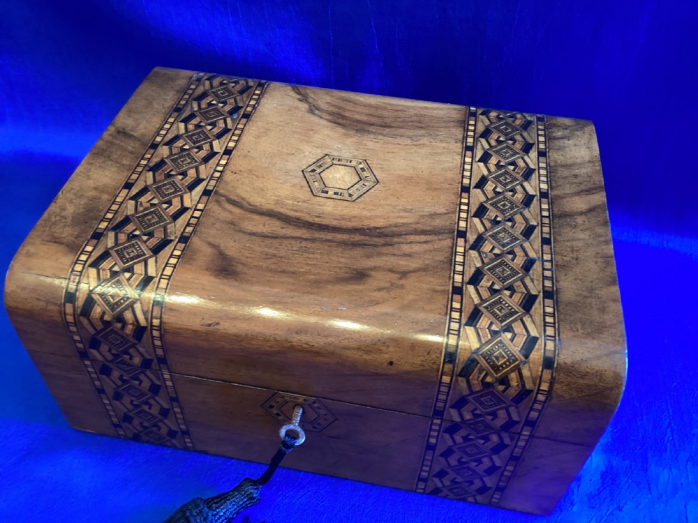 Victorian walnut and parquetry domed sewing box View IV