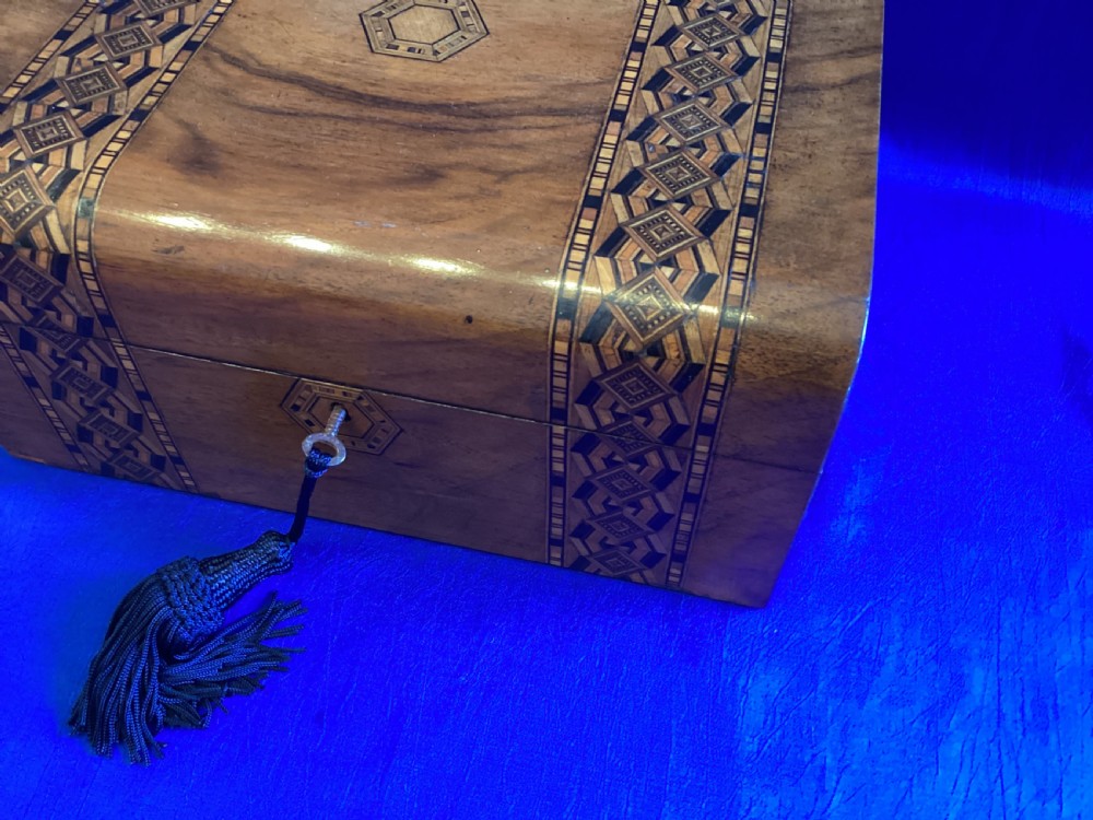 Victorian walnut and parquetry domed sewing box View V