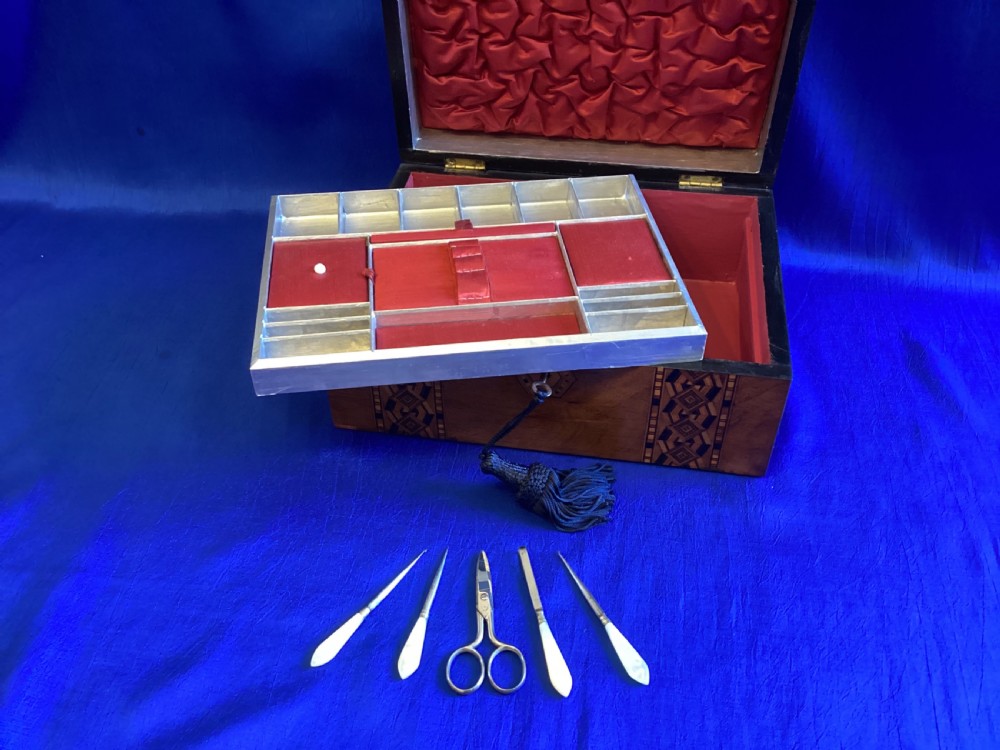 Victorian walnut and parquetry domed sewing box View VIII