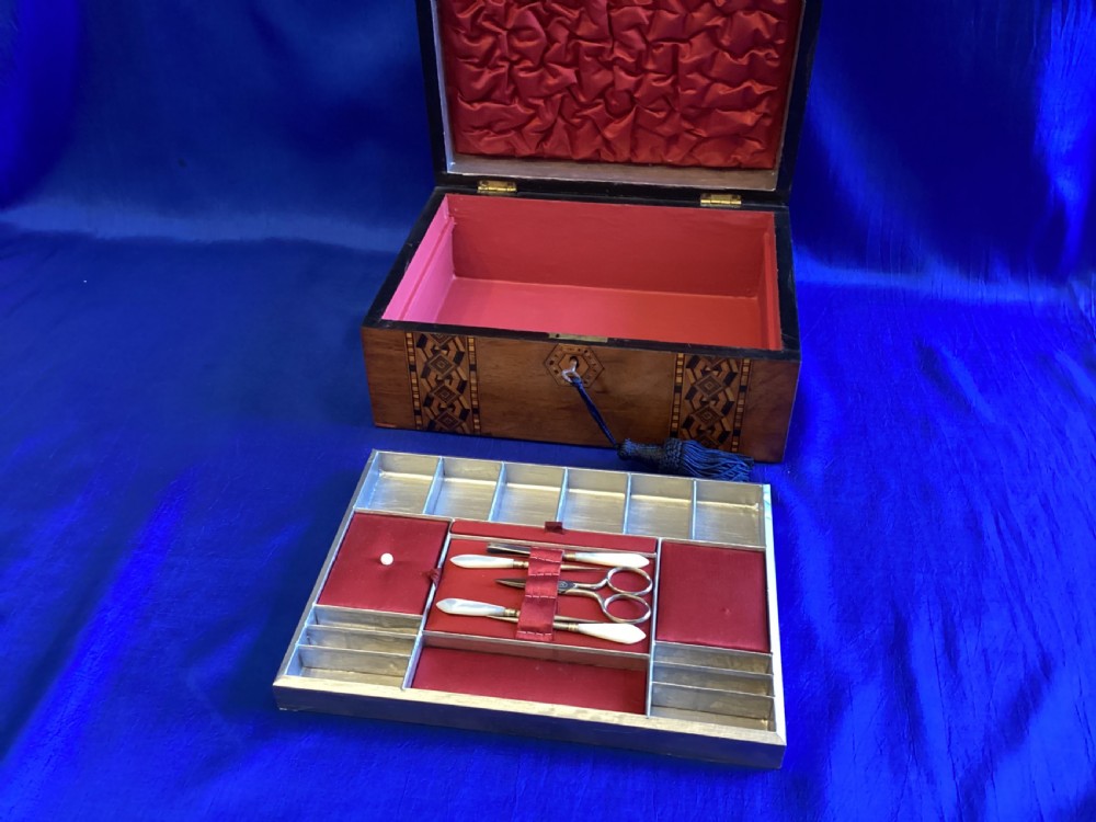 Victorian walnut and parquetry domed sewing box View IX