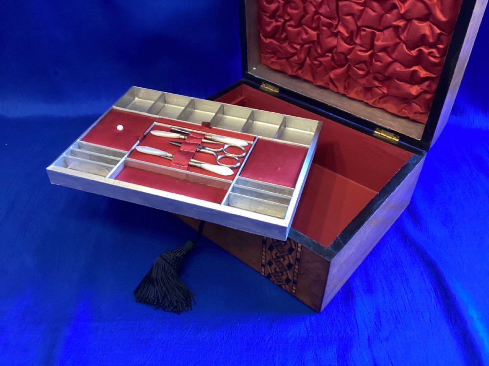 Victorian walnut and parquetry domed sewing box View X