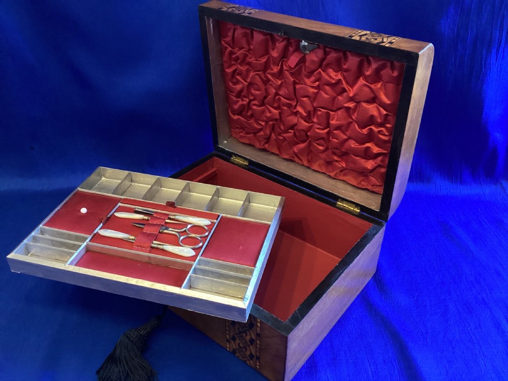 Victorian walnut and parquetry domed sewing box View XI
