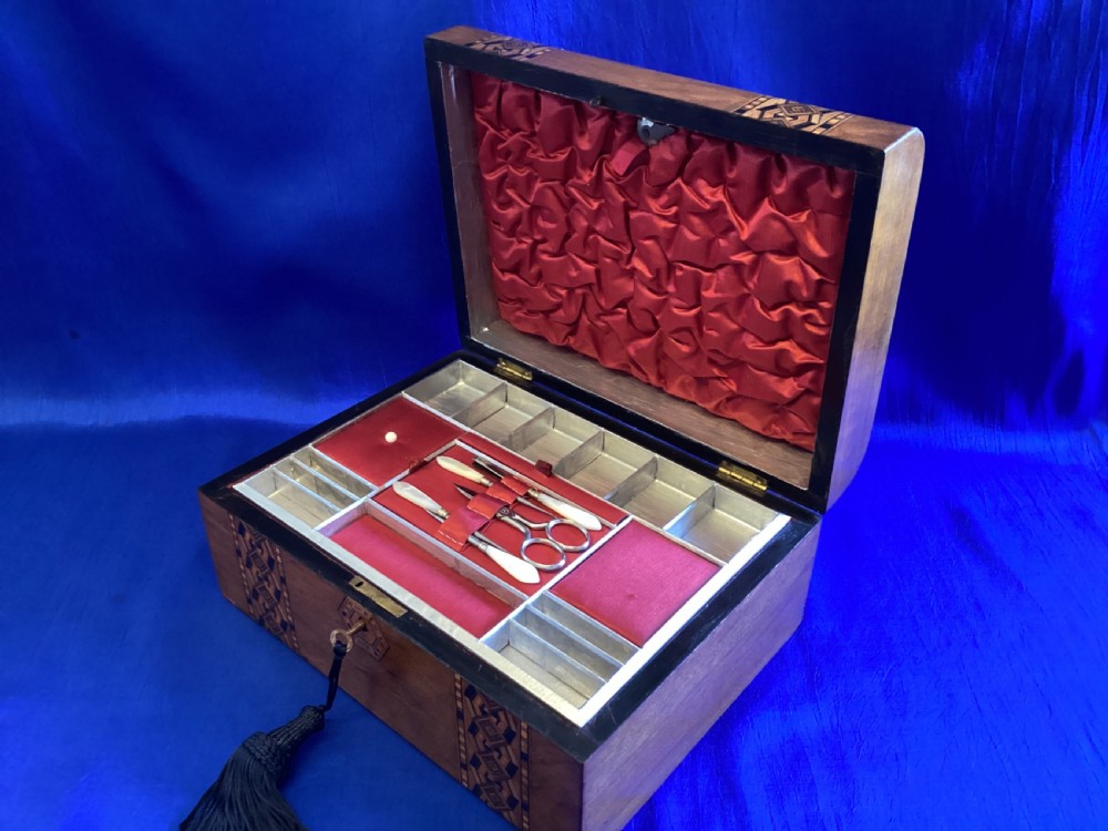 Victorian walnut and parquetry domed sewing box View XII