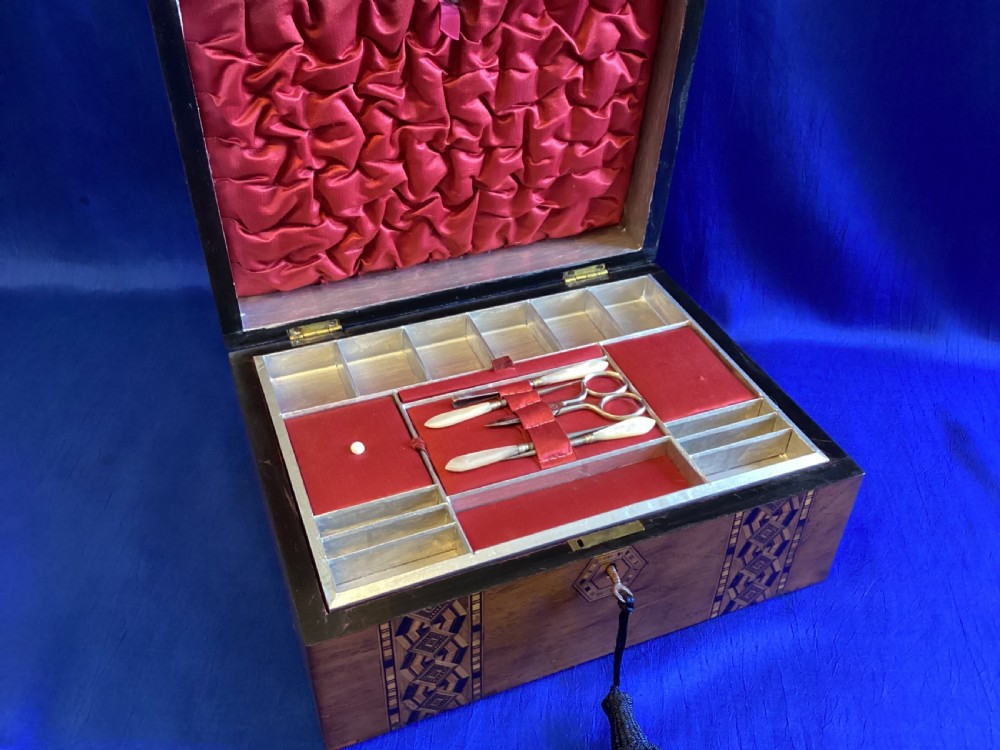 Victorian walnut and parquetry domed sewing box View XIII