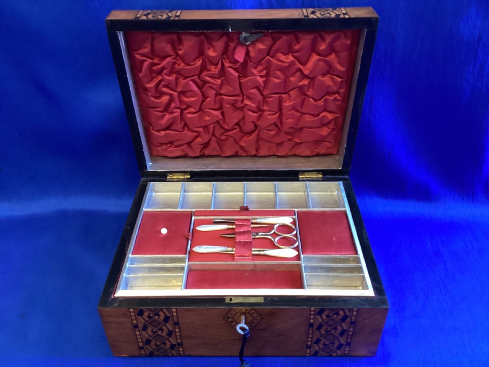 Victorian walnut and parquetry domed sewing box View XIV
