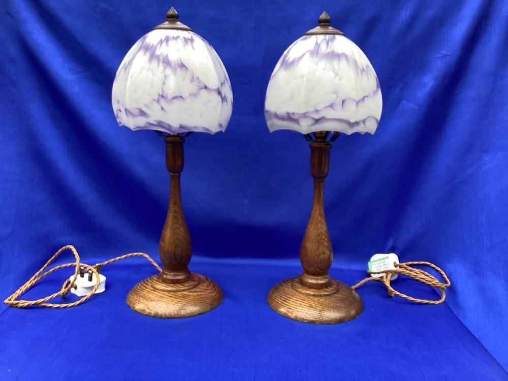 Antique pair of oak bedside lights