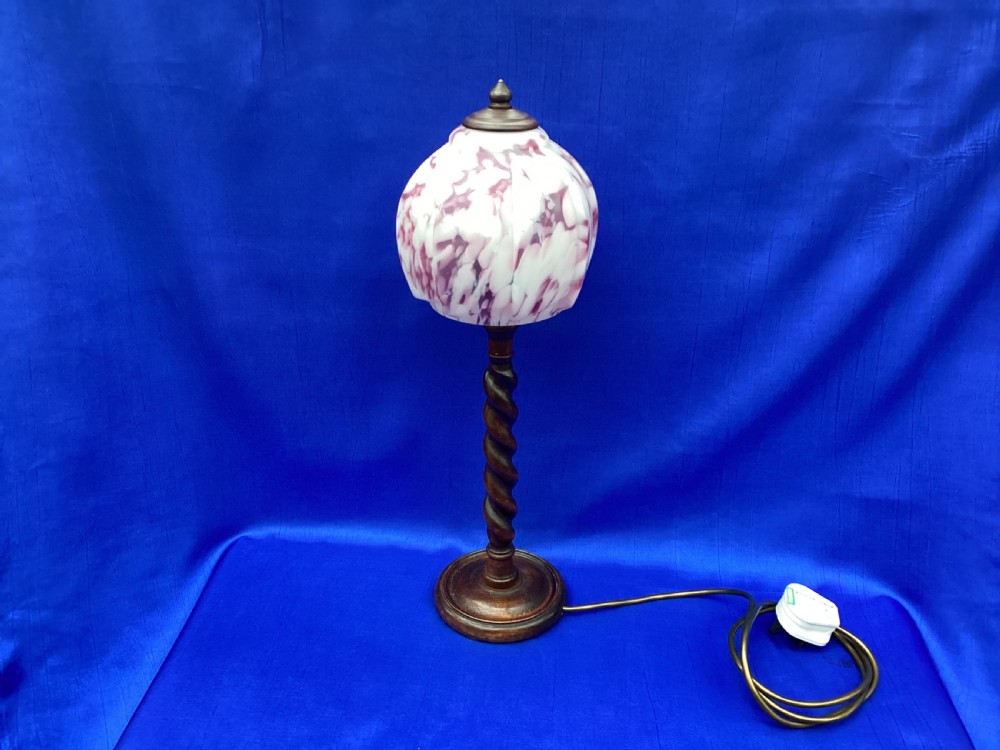 Edwardian barley twist oak table lamp