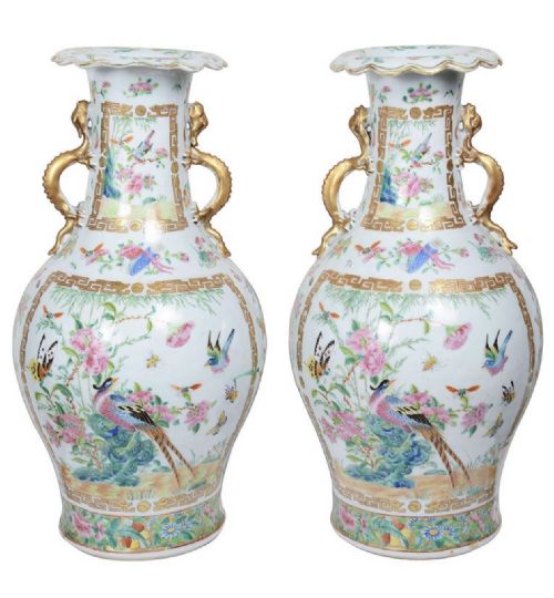 PAIR OF 19TH CENTURY ROSE MEDALLION VASES LAMPS - ADDITIONAL PHOTO 3