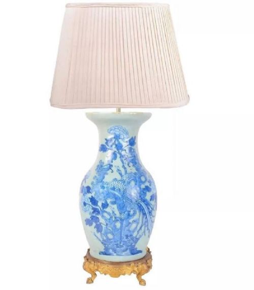19th Century Chinese Celadon Blue and White Vase or Lamp