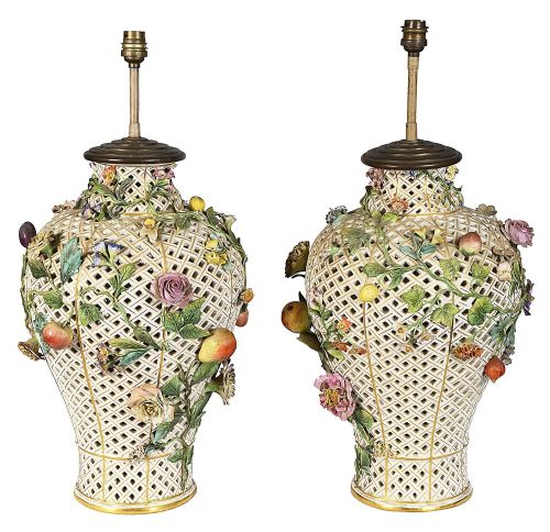 PAIR 19TH CENTURY PIERCED MEISSEN VASES LAMPS - ADDITIONAL PHOTO 1